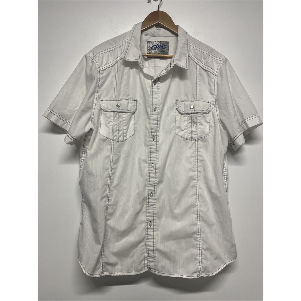 Chalc Shirt Men's XXL White Green Button Up Short‎ Sleeve Adult